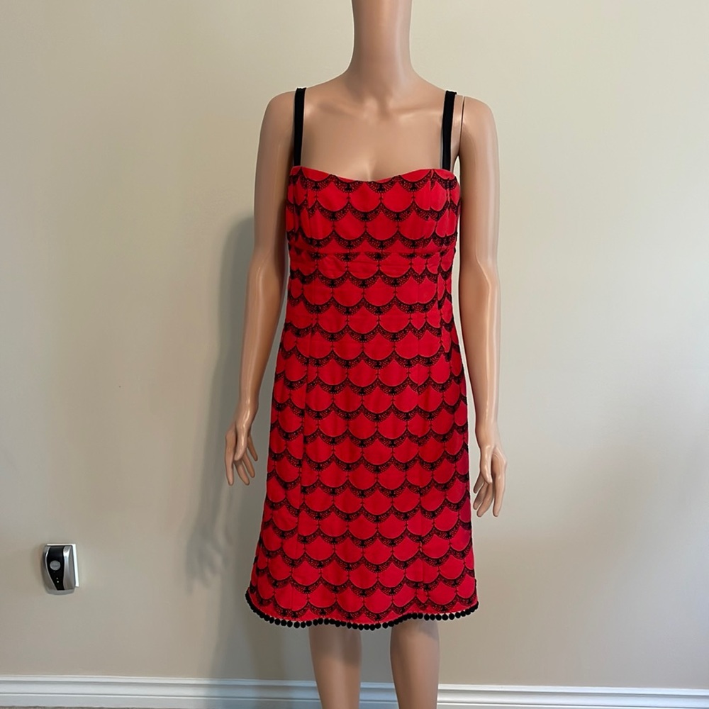 Nanette Lepere party dress red with black embroidery and pom poms